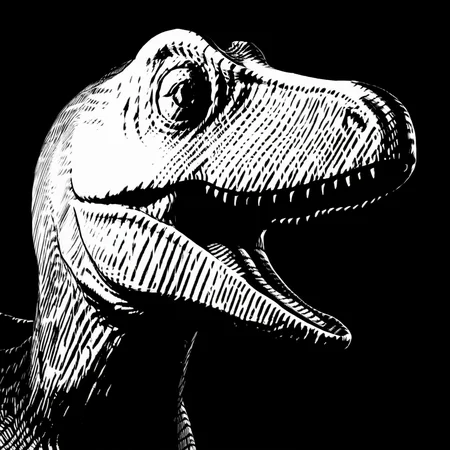 1830,black and white, black background, acid holes, medium close-up, anthropomorphic dinosaur, uncropped, strong contrast, <lora:CrossHatchXL:1>, black and white inked drawing,