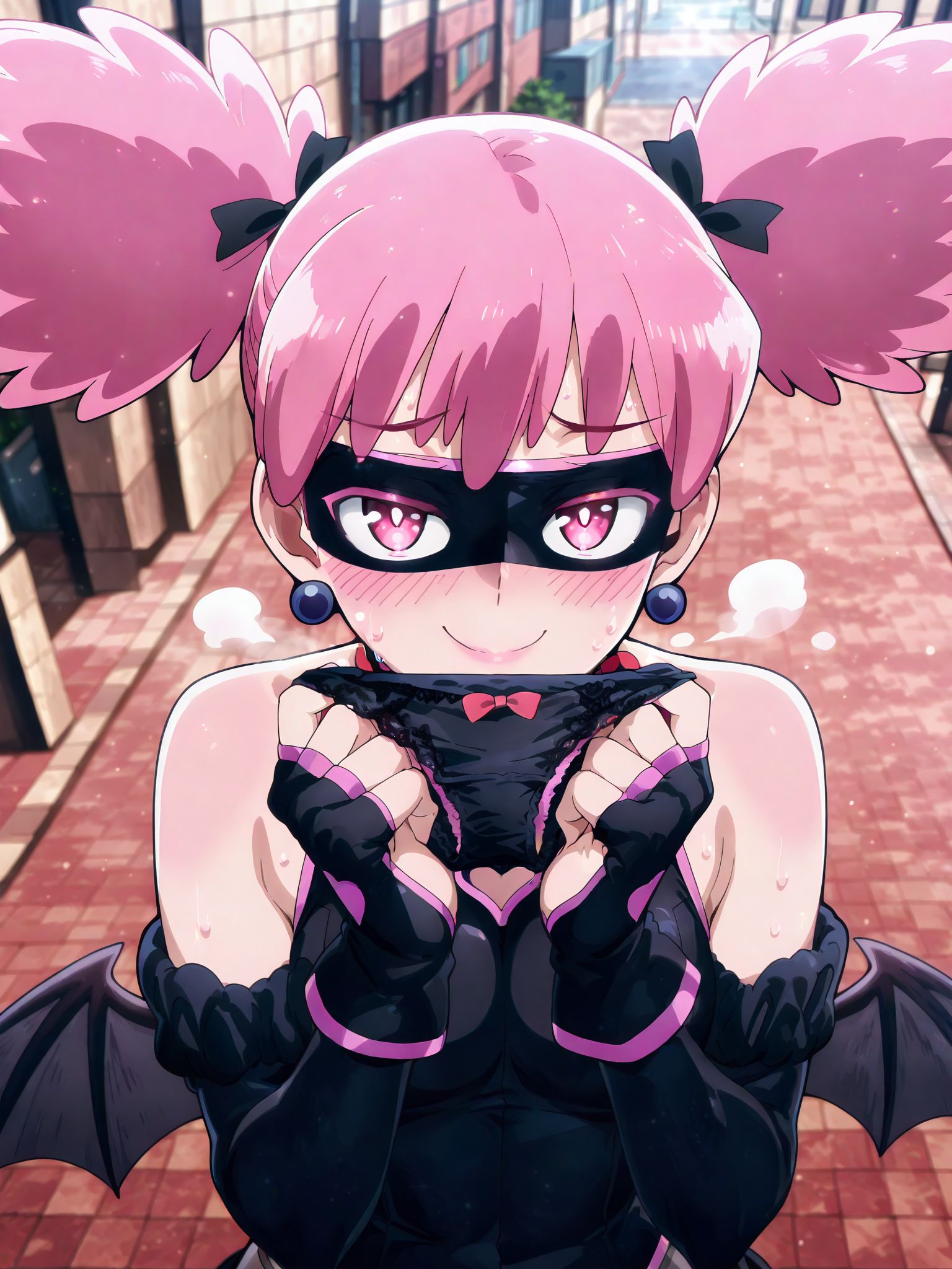 <lora:add-detail-xl:0.5>,,masterpiece, best quality, newest, absurdres, highres, detailed eyes, beautiful, detailed background, perfect eyes, anime coloring, anime screencap,
<lora:Holding_panties:0.8>Holding_pantiesV1,
1girl,solo,sweater,panties,underwear,holding,
looking at viewer, upper body, blush, naughty face, 
holding panties near face,sweat, steam, lace panties, 
<lora:Kazuho_Haneyama_Pop_Step!-10:0.9>pop-step, pink hair, earrings, jewelry, wings, twintails,mask, pink eyes,  outdoors, 
mask, thigh boots, boots, thighhighs, earrings, bare shoulders, gloves, domino mask,skirt, pantyhose, heart, clothing cutout, eye mask,  elbow gloves, leotard, sleeveless, bare shoulders,bat wings, fingerless gloves,