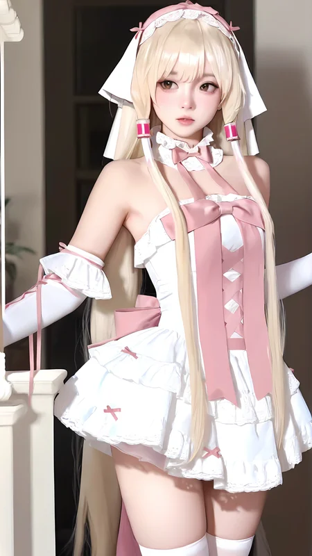 amazing quality,absurdres,best quality,masterpiece,highres,newest,detailed,detailed body,detailed face,masterpiece,best quality,solo,
chulianduandai,blonde hair,long hair,1girl,dress,hair tubes,brown eyes,solo focus,very long hair,detached sleeves,white thighhighs,realistic, <lora:åæç¼å¸¦:0.85>,