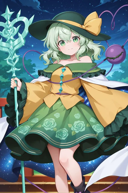 absurdres, highres, masterpiece, best quality, amazing quality, official anime artwork, screencap, anime screencap, outdoors, looking at viewer, light smile, dynamic pose,
<lora:Komeiji-Koishi_IllustriousV2:1> komeiji koishi, 1girl, solo, green eyes, green hair, third eye, heart of string, eyeball, breasts, aged up,, komeiji koishi \(moon reverie\), adapted costume, green hat, hat bow, yellow bow, white cape, starry sky print, yellow shirt, contrast collar, diamond button, long sleeves, wide sleeves, frilled sleeves, off-shoulder dress, green skirt, print skirt, floral print, rose print, frilled skirt, black socks, holding staff,