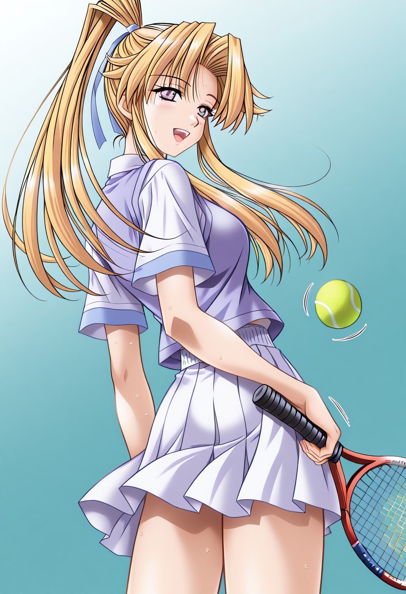 masterpiece, best quality, newest, highres, uncensored, 1girl, yokota mamoru style,1girl, slender face，motion lines, ,Kitagawa Junko,Honey Blonde Hair, Ponytail, Waist Length Hair,Amber Eyes,slim
1girl, solo, ball, ponytail, racket, tennis ball, tennis racket,long hair, blue eyes, open mouth, looking back, ribbon, school uniform, hair ribbon, smile, sweater vest, sweat