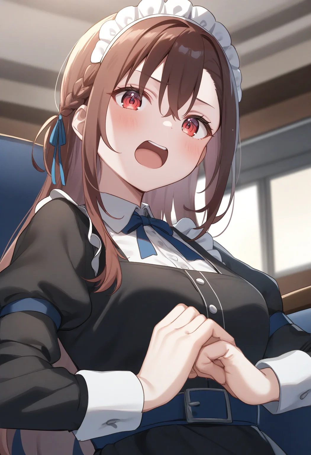 1girl,sincos, ningen mame, toosaka asagi,solo,medium breasts,20yo,maid,maid headdress,
cracking knuckles, own hands together, fist in hand,<lora:crackingknuckles_XL_v1:0.8>
dutch angle, portrait, looking at viewer, red hair, red eyes,furled brow, in limousine, open mouth, curly hair,,
best quality, very aesthetic, absurdres