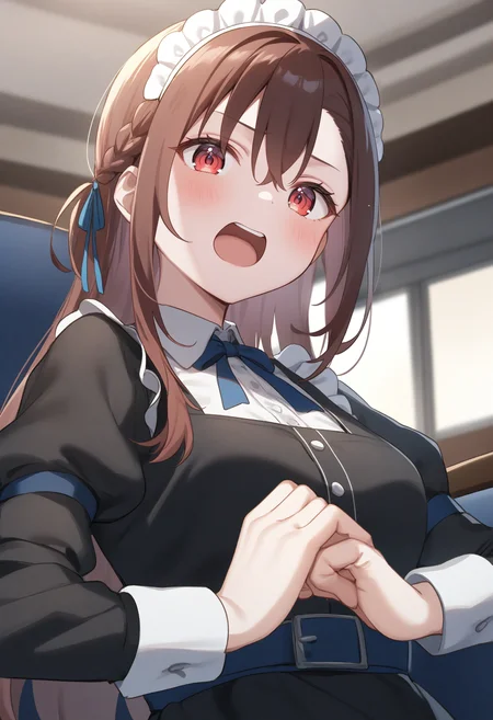 1girl,sincos, ningen mame, toosaka asagi,solo,medium breasts,20yo,maid,maid headdress,
cracking knuckles, own hands together, fist in hand,<lora:crackingknuckles_XL_v1:0.8>
dutch angle, portrait, looking at viewer, red hair, red eyes,furled brow, in limousine, open mouth, curly hair,,
best quality, very aesthetic, absurdres