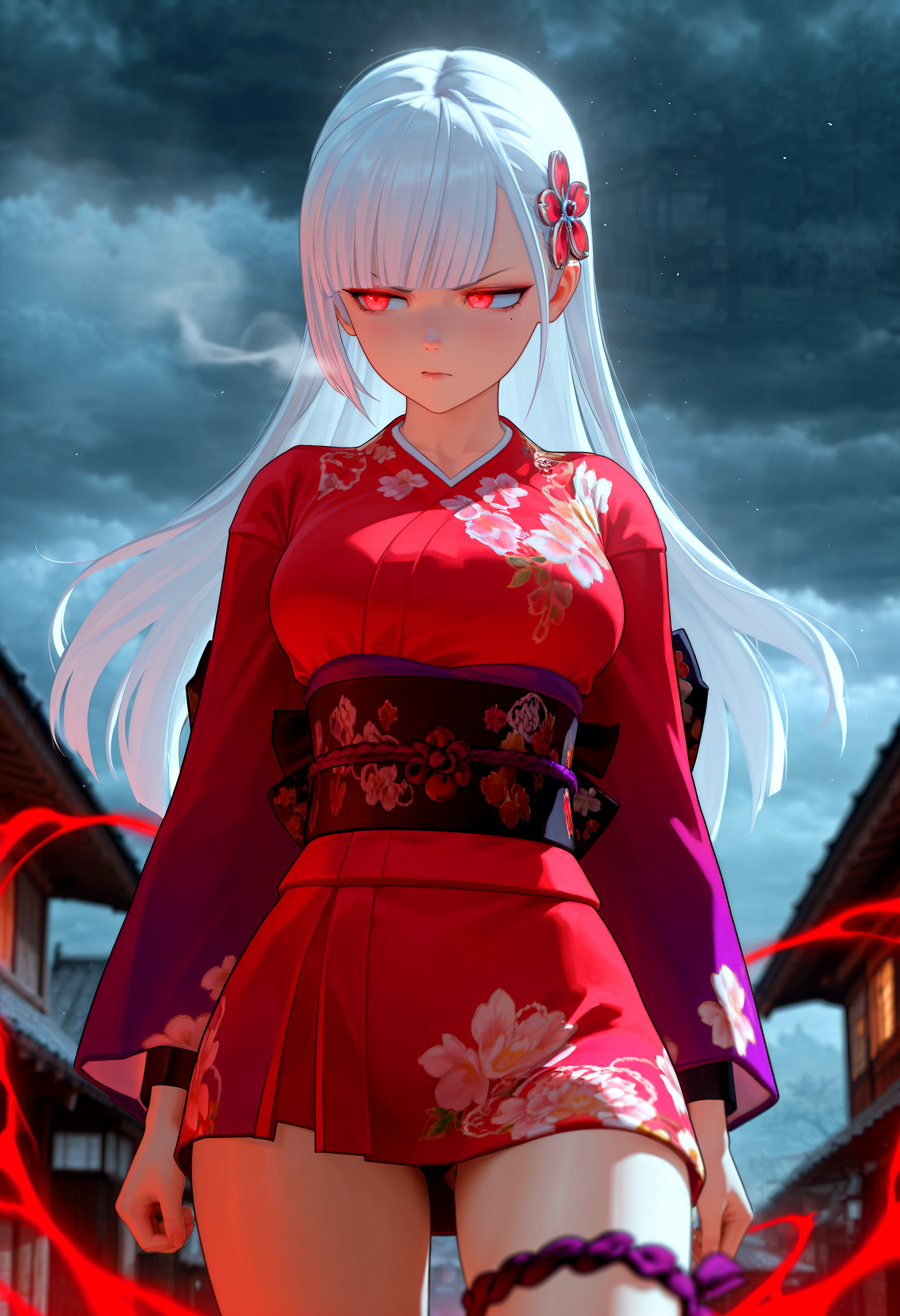 HDR, 8K, high contrast, masterpiece, best quality, amazing quality, very aesthetic, high resolution, ultra-detailed, absurdres, newest, scenery, close up, 1girl, mole, red eyes, white hair, long hair, blunt bangs, large breasts, hair ornament, long sleeves, japanese clothes, short kimono, obi, floral print, sash, thigh strap, annoyed, looking away, melancholy, portrait, petite, village, powerful red aura, dark sky, chiaroscuro, overcast, fog, smoke, BREAK, photorealistic, beautiful detailed eyes, detailed skin, detailed hair, volumetric lighting, dappled light, light particles, dramatic shadows, cinematic lighting, photo background, depth of field, <lora:IL\KMS_GW_Akane_IL:0.8>