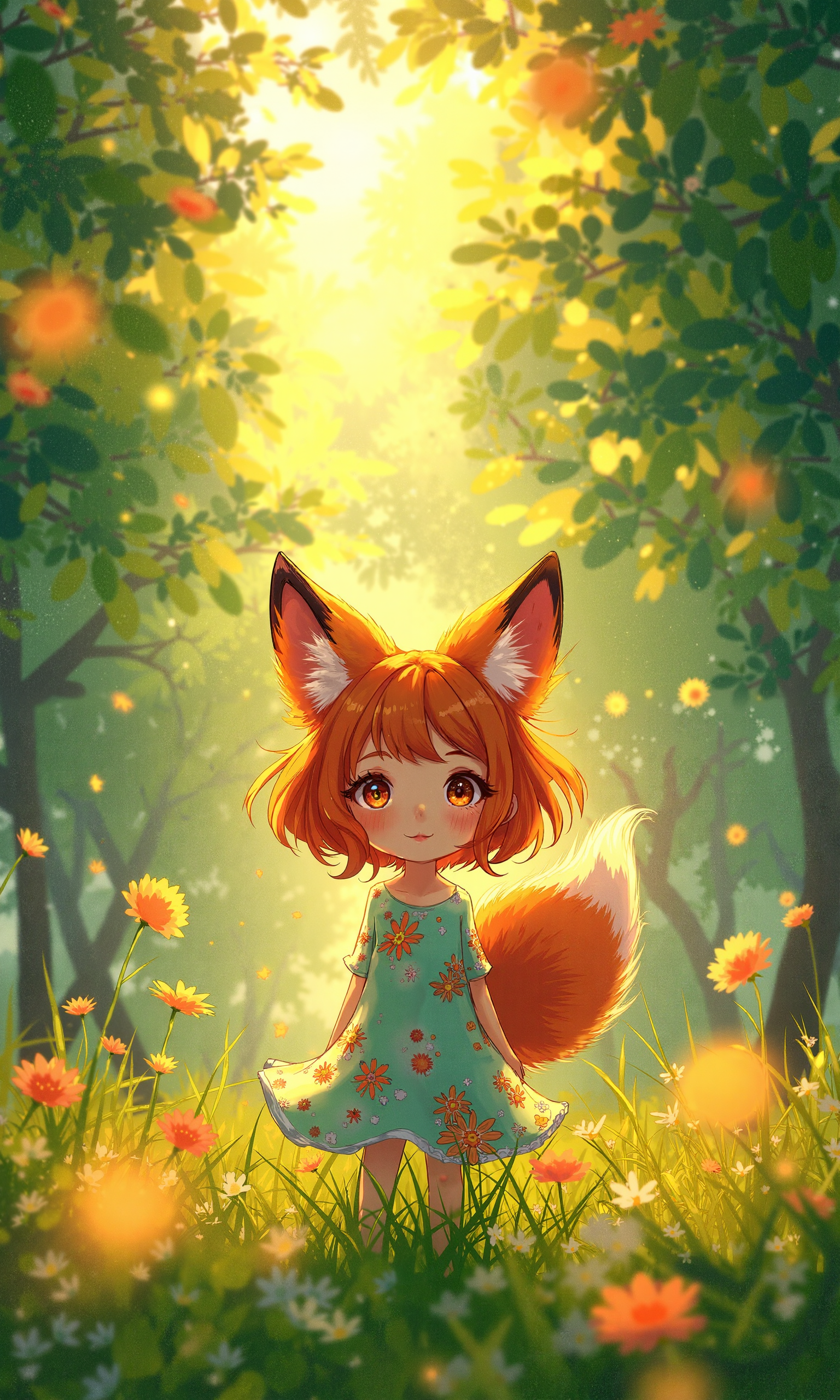 A warm, sun-drenched forest scene evoking the whimsical style of Hayao Miyazaki, with film grain and soft focus reminiscent of 35mm film. A young Asian girl, Kojimasaya, with bright ginger hair, fox ears, and a fluffy tail, stands amidst lush greenery, surrounded by vibrant flowers. Her bright, playful expression and sparkling eyes convey a sense of joy and freedom. Soft, natural light filters through the trees, casting dappled shadows on the forest floor, with a warm, golden glow on Kojimasaya's skin. A gentle breeze stirs her flowy, floral dress. The painting is in the style of umesky<lora:ume_sky_v2.safetensors:0.8:0.8>