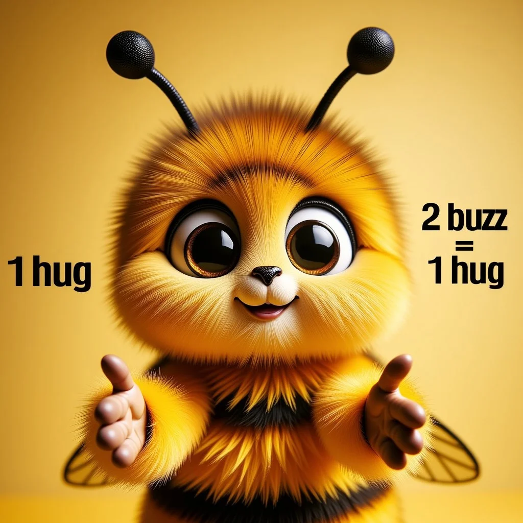 A cute furry bee girl with outstretched arms towards the viewer. Her black eyes are sparkling with anticipation. The text alongside her reads “2 buzz = 1 hug”.