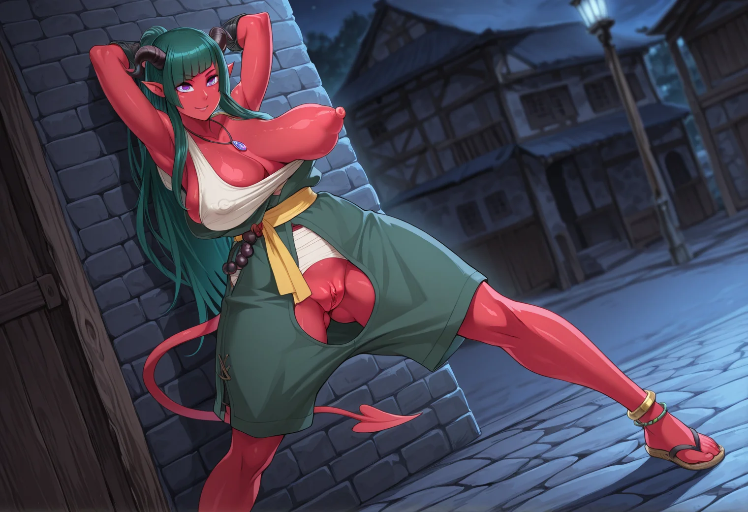 (detailed background:1.1), (bloom, depth of field, blurry background:1.2), night, street, medieval, (dynamic pose:1.3), anime coloring, anime screencap,
BREAK,
(1girl, solo), green hair, very long hair, straight hair , diagonal bangs , purple eyes , standing, against wall, hands behind head ,
BREAK
large areolae, puffy nipples, wide hips, huge nipples,
BREAK
(female tiefling:1.3), red skin, horns, tail, (large breasts, sagging breasts:1.2),
(monk:1.3), sarashi, shorts, (one breast out:1.2), crotchless, pussy cutout, pussy, clitoris, prayer beads, sash, martial arts, bracelet, anklet, sandals, pendant
<lora:Remu_kirieroido_Style_-_Illustrious:1>