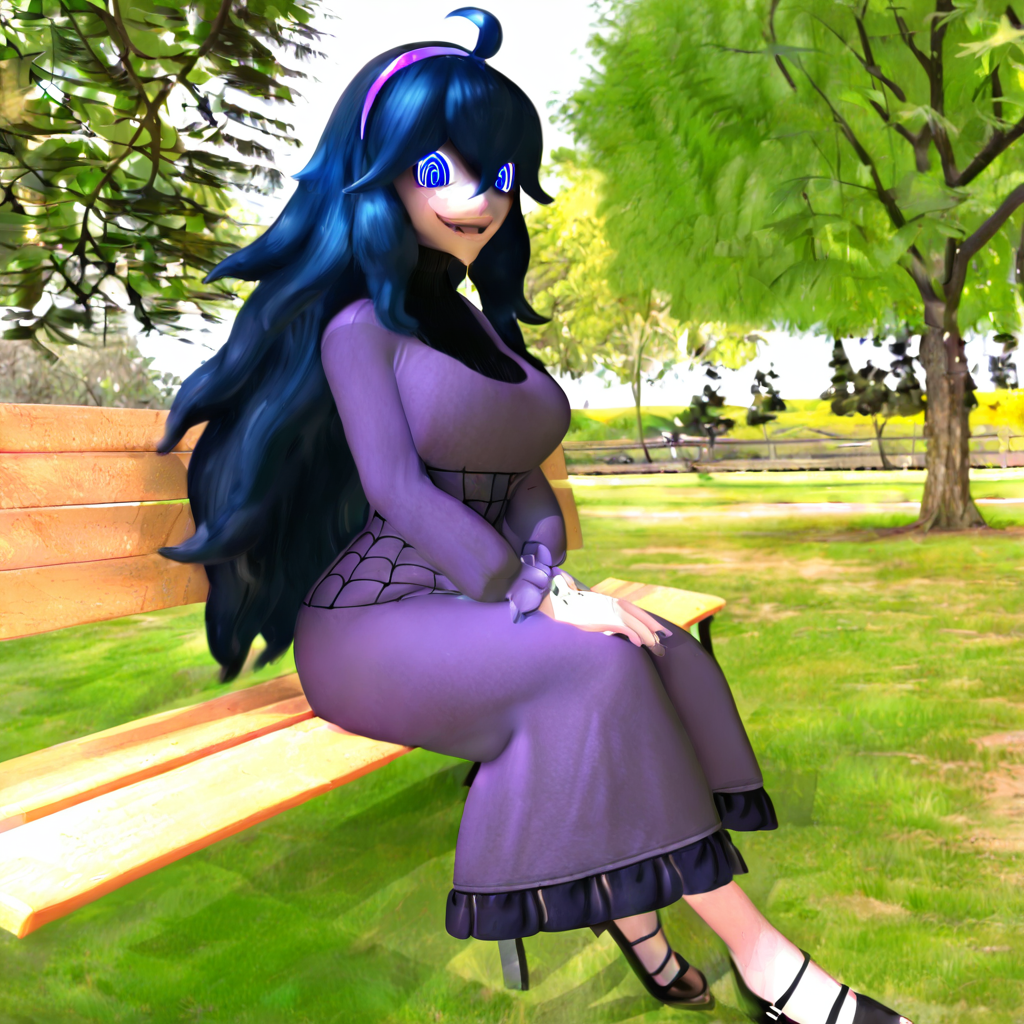 highres, best quality, masterpiece, very aesthetic, newest,anireal, <lora:AnirealIllus:1>, 1girl,solo,sitting,bench,hex maniac \(pokemon\),outdoors,park,dress,headband,@ @