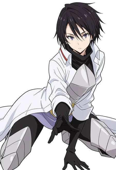 Smooth Quality,masterpiece,very intricate, high quality details, ultra realistic, high detailed skin,detailed enviorement,absurdres,
simple background, white background,solo,
kneeling pose, one hand on the ground, other hand reaching forward, focused gaze, tense muscles, ,pointing at viewer,expressionless,kubrick stare, <lora:Hinata_Sakaguchi_cnn:0.8> hintatacnn, 1girl,black hair, short hair,purple eyes,hair between eyes, saintcnn,black gloves, armor, coat,breastplate, armored boots,