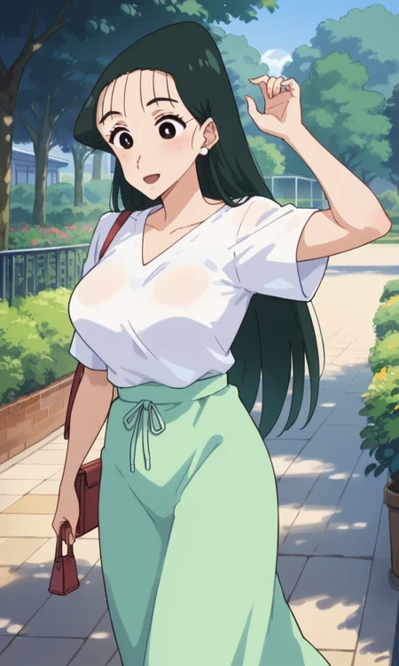 (1girl:1.3), (score_9, score_8_up, score_7_up, score_6_up, score_5_up, score_4_up), (source_anime), rating_questionable, (cowboy shot:1.3), smile, <lora:ohara_nanako_v6:1> (ohara-nanako, black eyes, green hair, long hair, slicked back hair, forehead), (large breasts), outdoors, park, garden, walking, open mouth, arm up, white shirt, long skirt, porch,