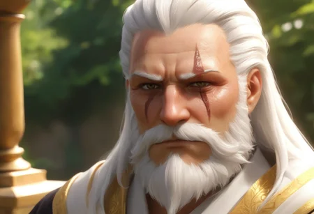 anime,illustration,Reinhardt sits on an outdoor bench in his priestly robes,sunning himself,upper body,<lora:xl-reinhardt-000012:0.5>,scar across eye,beard,white hair,