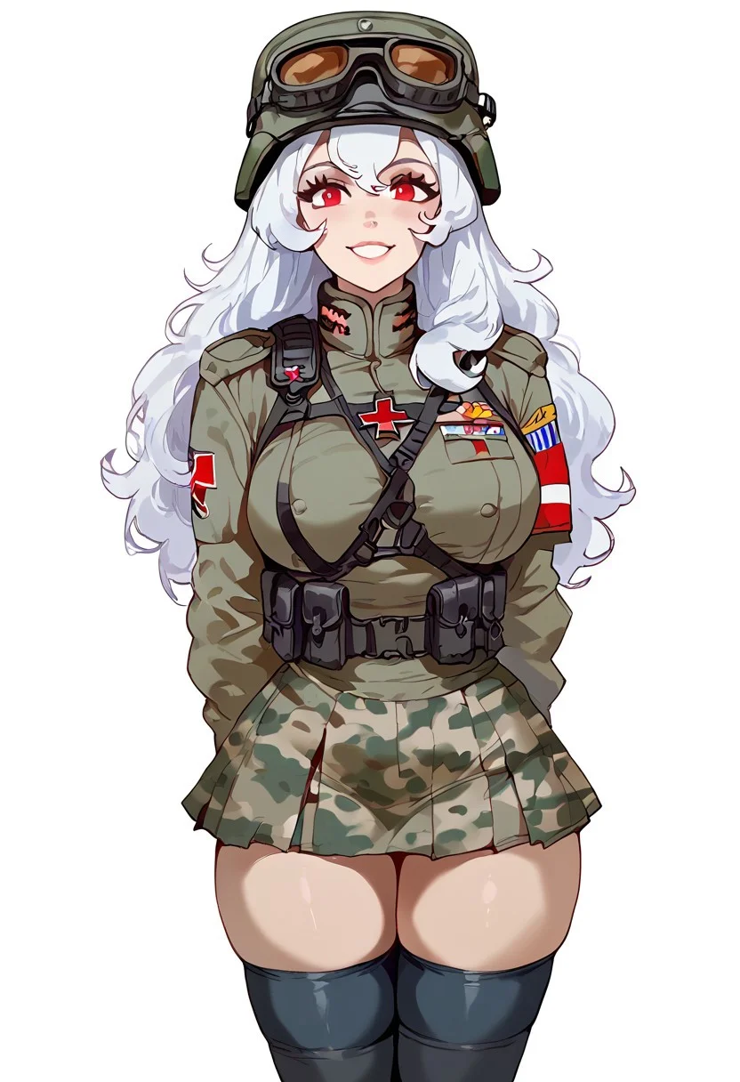 score_9,score_8_up,score_7_up , (solo, 1girl),<lora:Alpha1918:1.2> 1girl, alpha1918, long hair, white hair , huge breasts, curvy athletic body, red eye color , shiny skin, soft skin, perfect figure, busty, slim hips, round ass, thickass, athletic legs and hips, fit, wearing russian soldier uniform, tactical gear, solo, simple background, thighhighs, gloves, hat, white background, green camouflage, mini black skirt, black thighhighs, wariza, taking offf her helmet, goggles, sexy pose, looking_at_viewer, smiling