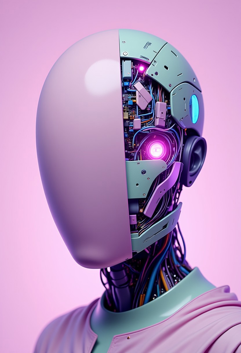 ajpasbot. The image features a highly detailed CGI artwork of a futuristic, humanoid robot head, resembling a sleek, mysterious figure that could be mistaken for a high-tech version of Batman. The head is split into two halves: the left half is smooth, matte pastel pink, reminiscent of a soft, sleek surface, while the right half is an intricate, chaotic array of glowing pastel neon shades of purple, mint green, and blue, blending into a dreamy, colorful mechanical structure. The contrast between the soft pastel surface and the vibrant, glitching neon highlights creates a sharp, high-tech look with a playful, ethereal vibe. The mechanical side of the head is filled with interlocking circuits, wires, and components, with pastel neon accents pulsing softly against the dark pastel backdrop. The robot’s face is serene and somewhat human-like, with glowing, faint pastel eyes that exude a calm, yet enigmatic presence. The mechanical half is densely packed with small, glowing components, creating a complex, dynamic structure. Scattered pastel neon orbs and small cylindrical components glow subtly in the misty pastel atmosphere, adding an air of mystery and wonder to the scene. The overall feel combines futuristic technology with a bright, imposing silhouette that echoes a hero from another world, softened by the pastel hues.