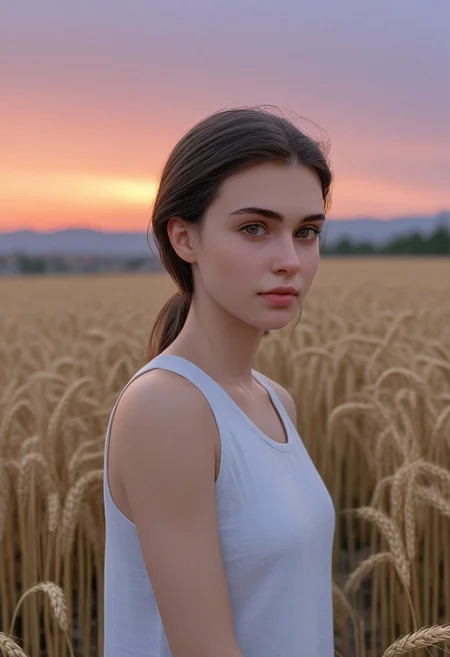 30yo american woman in a wheat field
Small eyes. Brown eyes.
Wearing white tank top. no makeup. Clear skin.  realistic skin style
Long dark black slick back hair. No makeup. Dusk, Street light. Looking at camera POV. Slight smile, tilting head.. Tilt head. Hands in head, face, lips.
Medium Close Up shot. Bokeh. Heavy Bokeh light. Dawn. yellow, red, purple orange. sky.