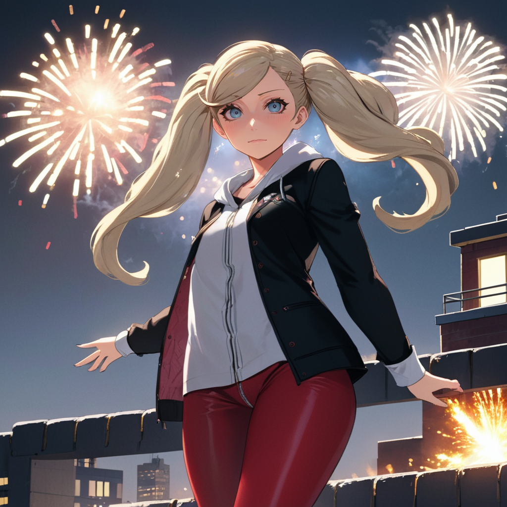 Digital art, masterpiece, a very detailed and professional screenshot, A teen Takamaki Ann standing on rooftop with fireworks wearing black jacket with white shirt <lora:ann_xl-000012:1>