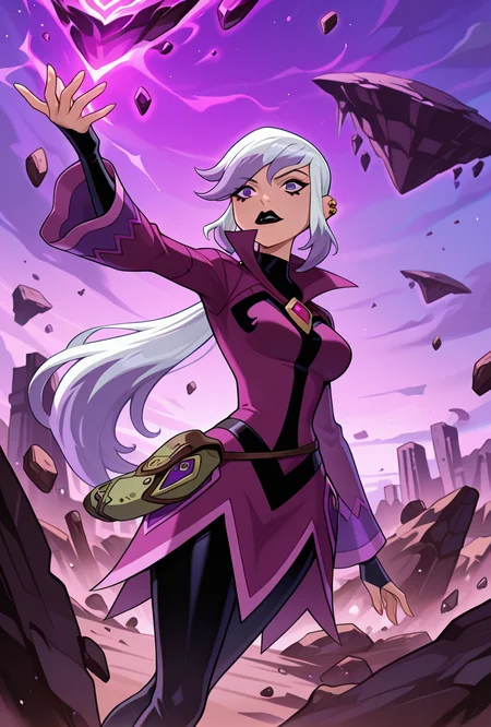 <lora:charmov:1> charmov, long hair, ponytail, , white hair,, 1girl, multicolored hair, purple eyes, ear piercing, two-tone hair, makeup, solo, long sleeves, black lips, purple jacket, long jacket, popped collar, facial expression, dynamic pose,, <lora:Floating_Rocks-IL:1> r0cks, outdoors, rocks, floating rocks, floating islands, purple magic, destroyed city,, masterpiece, best quality, amazing quality, very aesthetic, absurdres, newest,