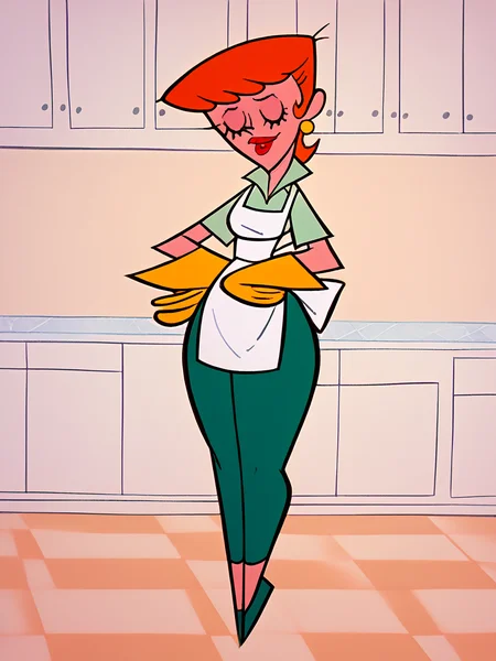 score_9, score_8_up, score_7_up, score_6_up, score_5_up, <lora:momDLXLP:1> momdl, mom_(dexter's_laboratory), gloves, apron, orange hair, pants, yellow gloves, solo, <lora:dexterslabXLP:0.8> dexters lab
