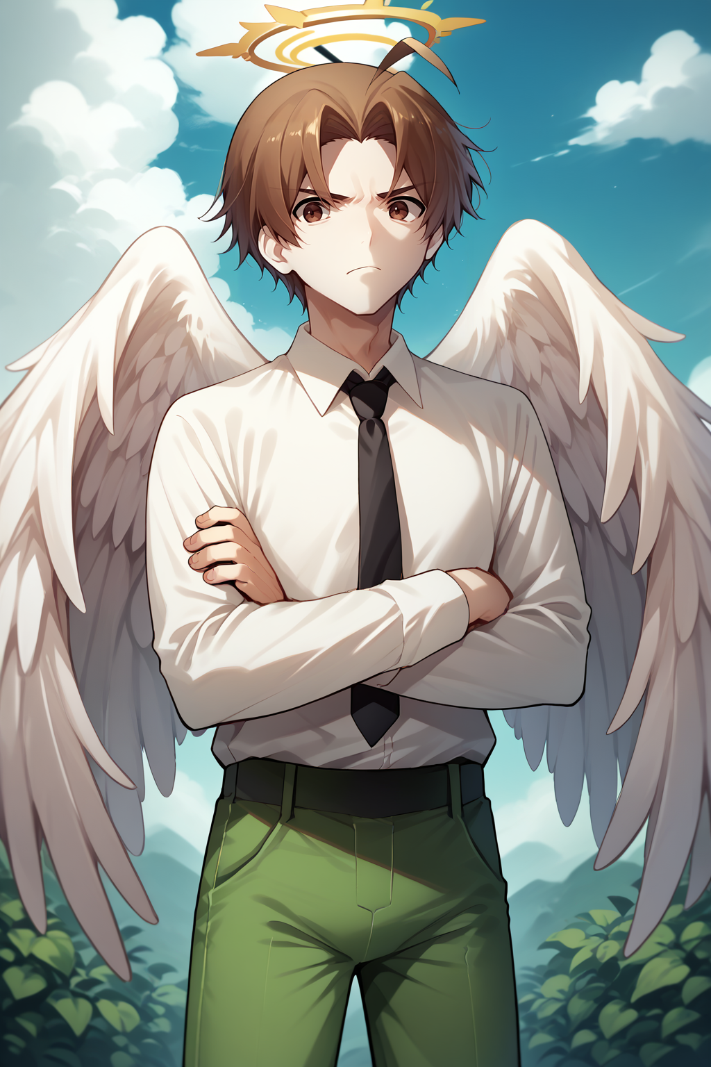 score_9, score_8_up, score_7_up, BREAK solo, 1boy, <lora:NSHisaoKatawa:1> NSHisaoKatawa, brown eyes, brown hair, short hair, ahoge, black necktie, white collared shirt, long sleeves, green pants, grumpy, halo, white wings, angel wings, crossed arms, clouds