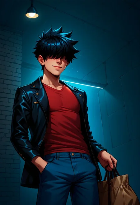score_9, score_8_up, score_7_up, score_6_up, easynegative, ng_deepnegative_v1_75t, 1 boy, solo, bright dynamic skies in the background, detailed background, boy wearing a red shirt and a small black jacket, stylish, black hair, hair covering eyes, spikey hair, spiked hair facing front, boy's hair covering his eyes, hair over eyes, boy wearing a blue shirt and small black jacket in a bedroom, holding a big bag, boy looking in the distance, looking away, smiling, dark lighting, dark road, bright skies, full view, view from below,