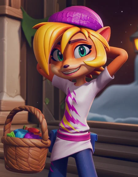score_9, score_8_up, score_7_up, source_anime, <lora:coco-bandicoot-totally-tubular-ingame4-ponyxl-lora-nochekaiser:1>, coco bandicoot, short hair, blonde hair, green eyes, pointy ears, furry, 3d, shirt, hat, torn clothes, striped shirt, pants, farmers market, fresh produce, local vendors, baskets, sunny day, community, smile, looking at viewer, hands behind head,, solo,, cowboy shot, dutch angle,