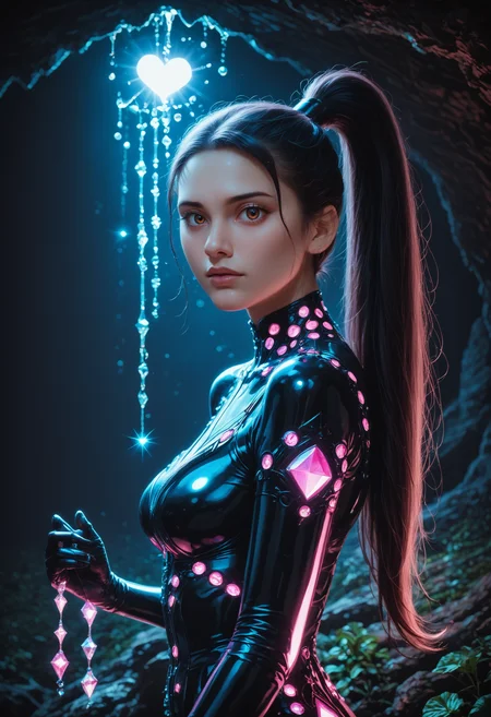 score_9,score_8_up,score_7_up, sorce_real, 8k, hd, (1 girl, brown eyes, high ponytail, bioluminescent latex suit, seij, <lora:Seij-000001:1>), cute and mischievous, black suit, purple details, neon colored glowing particles in the black skin, black skin with neon pink bioluminescence, cinematic light, looking at viewer, dark, night, mysterious atmosphere, floating hearts, beautiful creatures, flies through a dark stalactite cave at night, bioluminescent icicles on the walls, everything is shrouded in darkness. <lora:SDXLFaeTastic2400:0.3>, cave by Jed-Cosmos <lora:Jed-Cosmos-sdxl:0.3> <lora:ral-swarcrystl-sdxl:0.7> multicolored gemstones made of ral-swarcrystl, black gloves with glowing jewels, side view