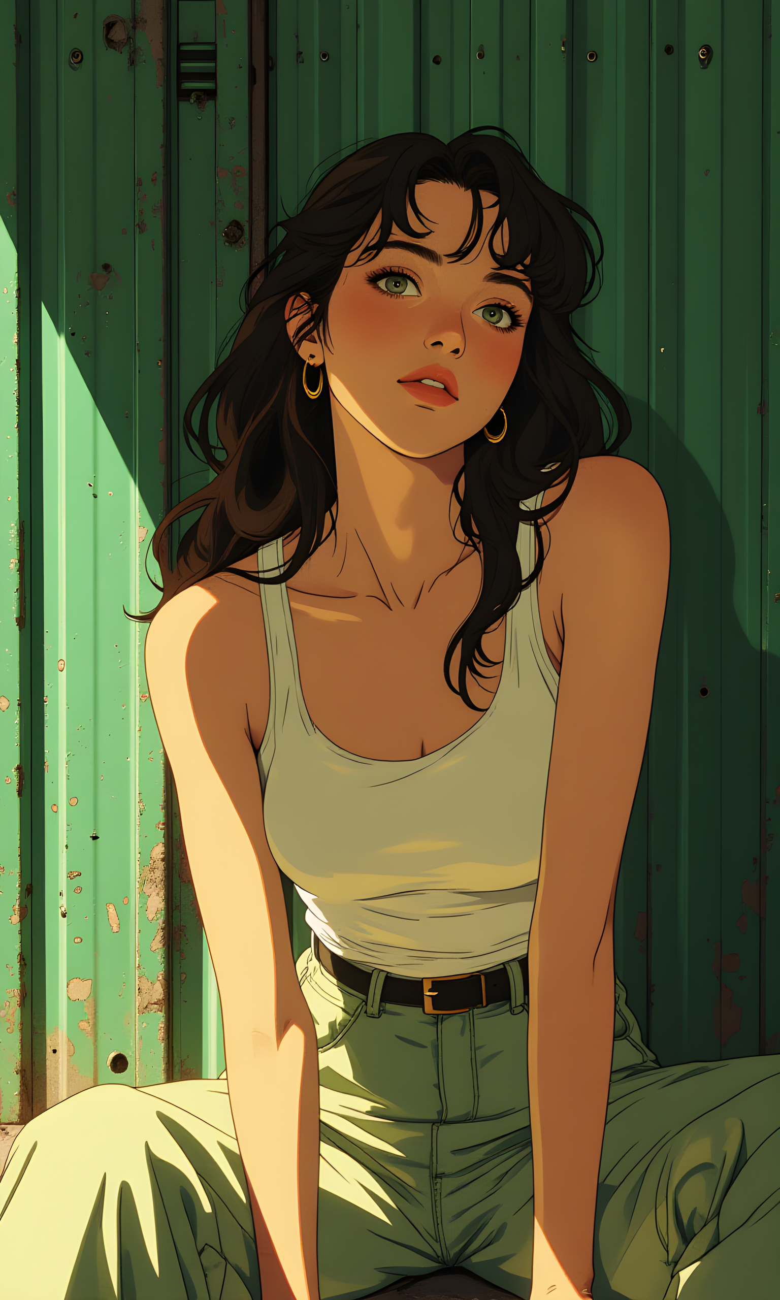 A casual and stylish scene featuring a woman sitting on the ground in front of a green, corrugated metal wall. The camera is positioned at eye level, providing a direct and engaging perspective of the subject. The angle is slightly angled to her left, allowing for a clear view of her face and the surrounding environment.
The lighting in the image is soft and natural, likely from sunlight coming through an open area or window. The light type appears to be natural daylight, which creates a warm and inviting atmosphere. The light direction is from above, casting gentle shadows that highlight the contours of her face and the texture of her clothing.
The woman is looking directly at the camera, making eye contact with the viewer. Her expression is calm and composed, adding to the overall sense of tranquility and connection. She has long, straight hair that falls loosely around her shoulders, adding to the relaxed and casual feel of the scene.
She is wearing a white tank top paired with light green pants, which create a balanced and stylish outfit. Her pose is relaxed yet confident, with her legs crossed and her hands resting on her knees. The background features a weathered green wall, which adds a touch of urban charm to the setting.
The overall mood of the image is one of simplicity and elegance, capturing a moment of quiet beauty and style. The combination of the woman's outfit, the natural lighting, and the urban backdrop creates a visually appealing and memorable photograph.
BREAK anime, d13s3lp2nk, bboil artist style, OBdonman, Anime art, <lora:FLUX\Anime Art V3:0.2>, <lora:FLUX\Synesthesia:0.2>, <lora:FLUX\RetroAnimeS1.1:0.5>, <lora:FLUX\Flux-jijia:0.1>, <lora:FLUX\It's a LoRA for portraits, BUT! actually specialized in backgrounds. v1.0:0.1>, <lora:FLUX\GLSHS:0.2>, <lora:FLUX\Dieselpunk Delight - s0_9 g4:0.4>, <lora:FLUX\OBdonman, anime0style portrait:0.1>