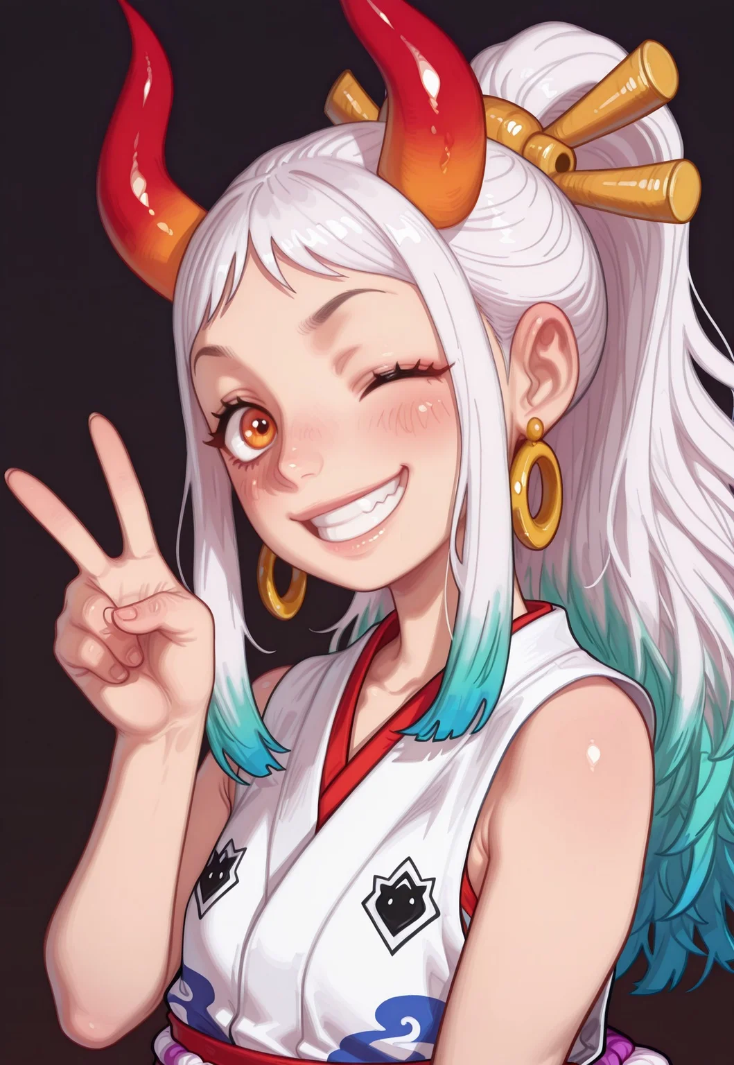 4k, fine detail, high quality eyes, masterpiece, best quality, amazing quality, geh1, 4s0r4, eigaka, possmach, artist:moriimee, 1 girl, solo girl, young, yamato, long hair, ponytail, multicolored hair, white hair, aqua hair, orange eyes, earrings, horns, colored horns, hair stick, japanese clothes, geta, hair ornament, sleeveless kimono, (red and white kimono), rope, grin, upper body, smile, blush, wink, v, dark background,