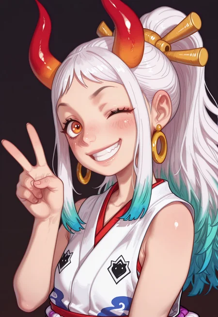 4k, fine detail, high quality eyes, masterpiece, best quality, amazing quality, geh1, 4s0r4, eigaka, possmach, artist:moriimee, 1 girl, solo girl, young, yamato, long hair, ponytail, multicolored hair, white hair, aqua hair, orange eyes, earrings, horns, colored horns, hair stick, japanese clothes, geta, hair ornament, sleeveless kimono, (red and white kimono), rope, grin, upper body, smile, blush, wink, v, dark background,