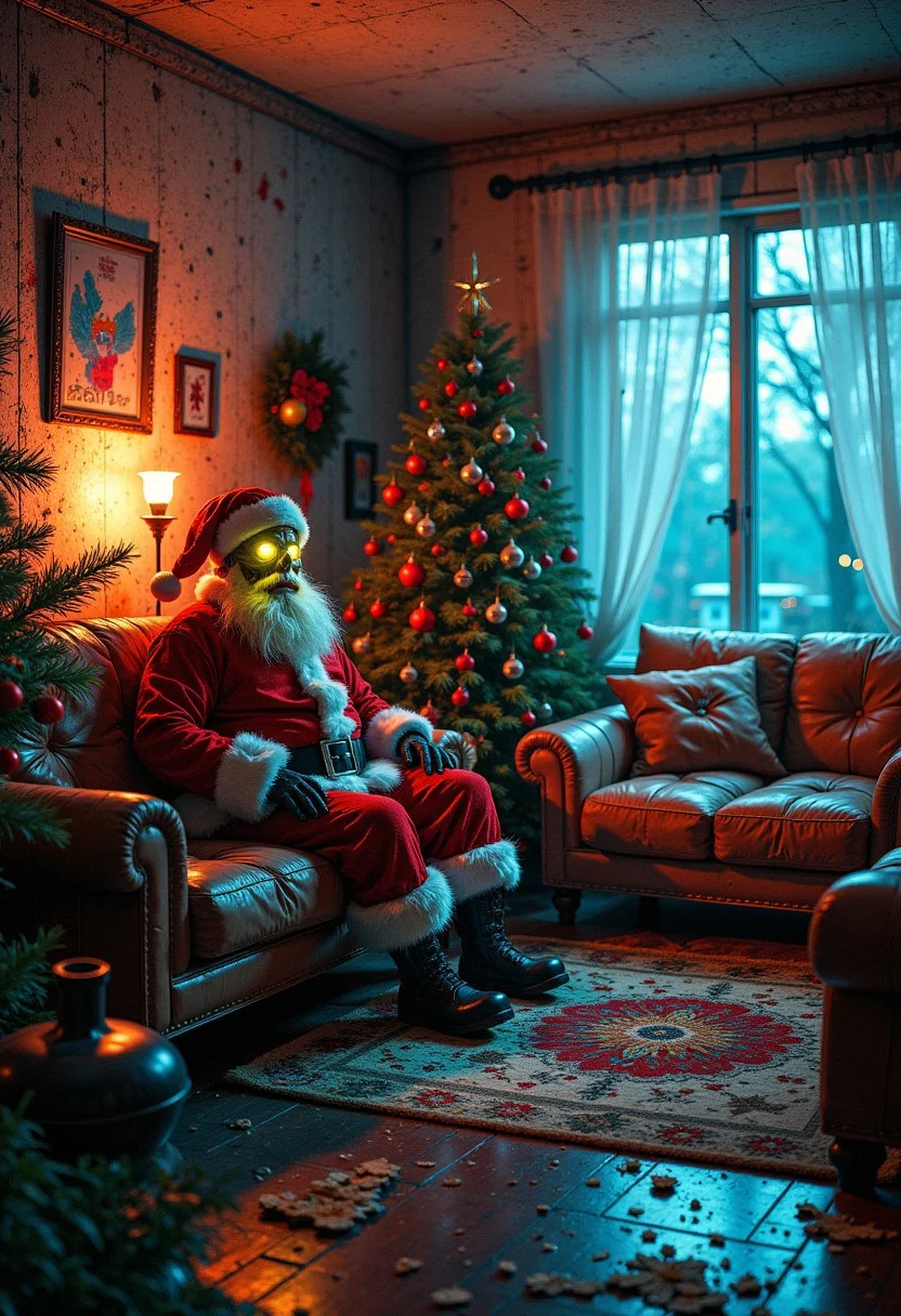 masterpiece, highest quality, (futuristic:1.2) christmas living room, (post-apocalyptic:1.3) decor, (cyberpunk zombie Santa:1.5) with glowing eyes, neon lights, broken furniture, holographic decorations, dark shadows, eerie atmosphere, (flickering lights:1.1), cyberpunk aesthetic, detailed textures, moody lighting, by Syd Mead, cinematic composition, trending on ArtStation