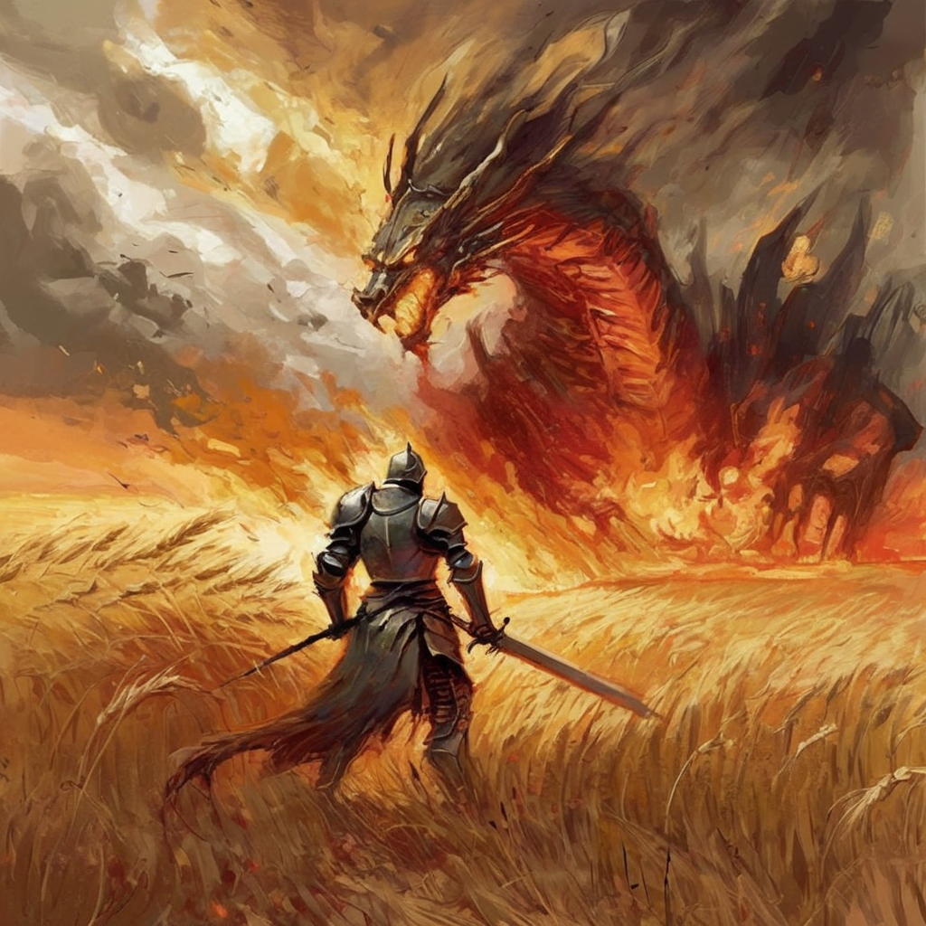 artmix06 a knight with a sword in a burning wheat field, a mighty dragon in the background, very detailed<lora:artmix06:1>