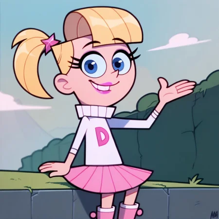 score_9, score_8_up, score_7_up BREAK VeroFOP, 1girl, blonde hair, blue eyes, ponytail, pink lipstick, long-sleeve white turtleneck sweater with D-logo, pleated pink skirt, pink white boots, smiling at viewer, solo, solo focus, school outdoors, school background,