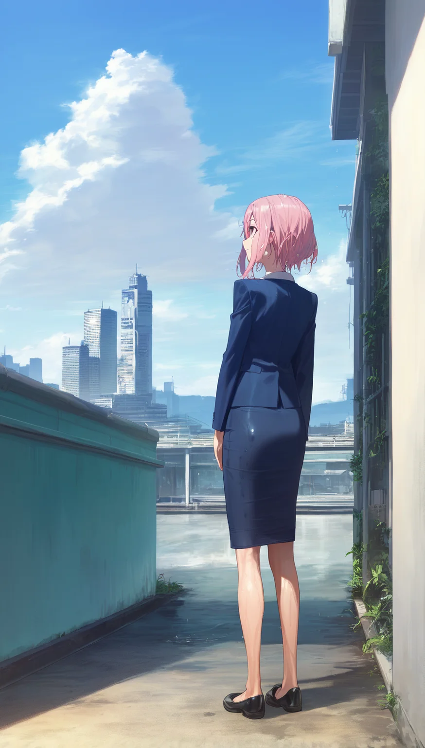 score_9,score_8_up,score_7_up,
<lora:yoshinokoharu:0.8>,
yoshinokoharu,
1girl,solo,
pink hair,short hair,bangs,
red eyes,looking up,smile,
blue blazer,white shirt,blue pencil skirt,wet hair,wet dress,
black shoes,
full body,standing,back view,
outdoors,cityscape,light particles,downtown,(after rain the sky looks blue:1.2),sun,cloud,