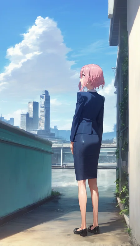 score_9,score_8_up,score_7_up,
<lora:yoshinokoharu:0.8>,
yoshinokoharu,
1girl,solo,
pink hair,short hair,bangs,
red eyes,looking up,smile,
blue blazer,white shirt,blue pencil skirt,wet hair,wet dress,
black shoes,
full body,standing,back view,
outdoors,cityscape,light particles,downtown,(after rain the sky looks blue:1.2),sun,cloud,