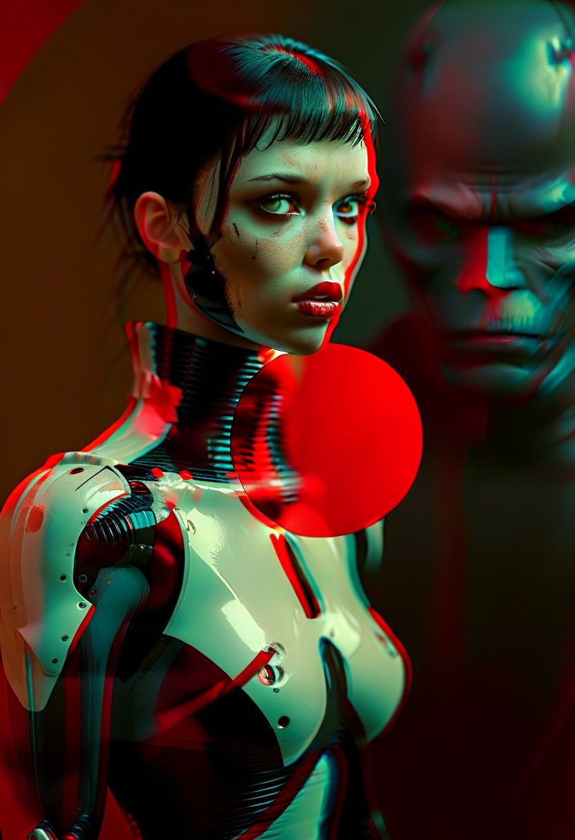(real life, woman and a mech suit, punching, grim style, dark shadows, red circle:1.2), (a woman looking shocked, caped crusader, dark natural natural colors, HDR, 5mm:1.2), (glitch art by (Hans Feurer:1.1) and (Roe Ethridge:1.2)), (Surrealism style:1.5),