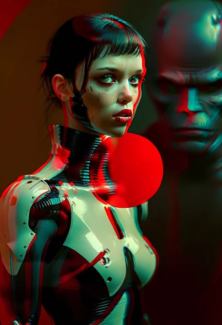 (real life, woman and a mech suit, punching, grim style, dark shadows, red circle:1.2), (a woman looking shocked, caped crusader, dark natural natural colors, HDR, 5mm:1.2), (glitch art by (Hans Feurer:1.1) and (Roe Ethridge:1.2)), (Surrealism style:1.5),