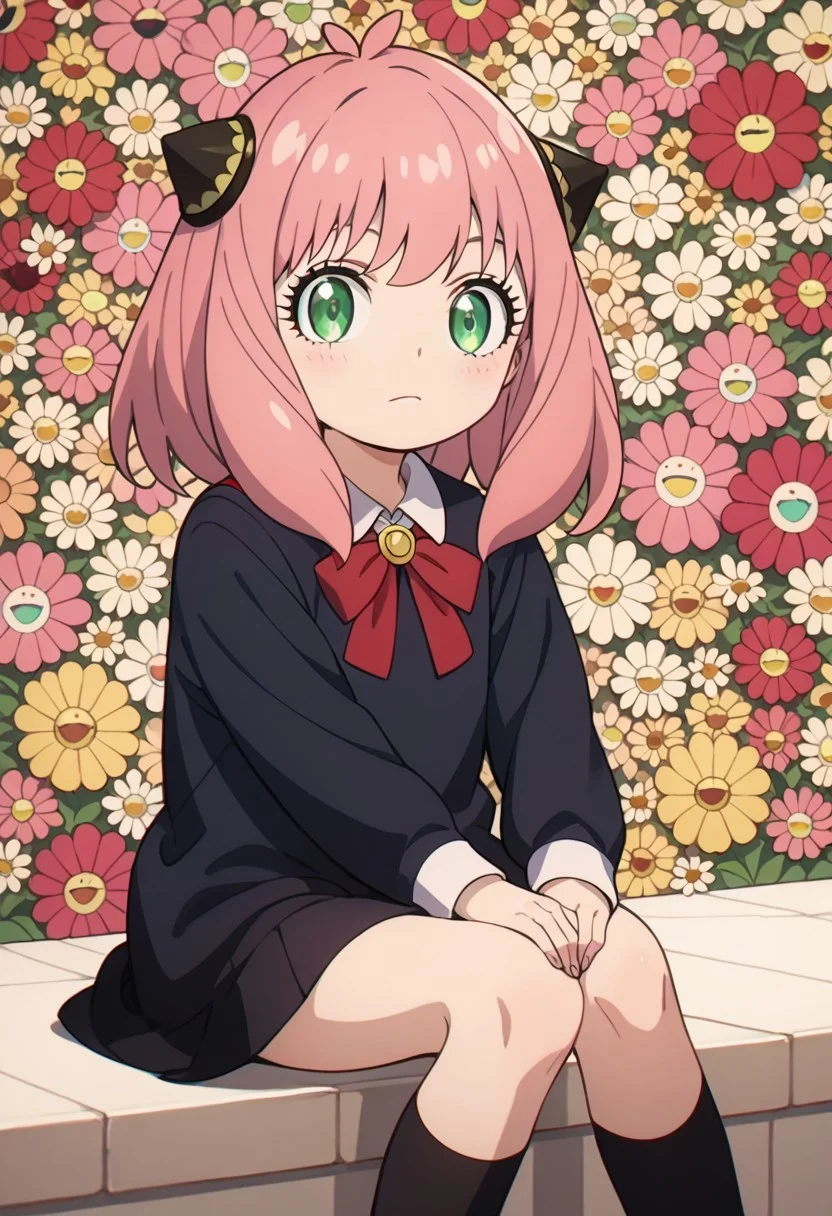 score_9,
score_8_up,
score_7_up,
score_6_up,
1girl,
solo,
anya_(spy_x_family) ,
anya forger, bangs, green eyes, pink hair, ahoge, hair ornament, hairpods, child, female child,
long sleeves, dress, school uniform, socks, black dress, eden academy school uniform,
sitting,
hugging own legs,
multicolor,
flat color,
no lineart,
flower,
flower background,