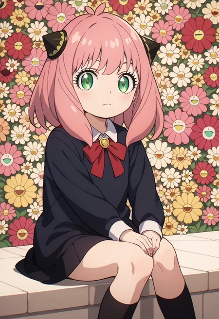 score_9,
score_8_up,
score_7_up,
score_6_up,
1girl,
solo,
anya_(spy_x_family) ,
anya forger, bangs, green eyes, pink hair, ahoge, hair ornament, hairpods, child, female child,
long sleeves, dress, school uniform, socks, black dress, eden academy school uniform,
sitting,
hugging own legs,
multicolor,
flat color,
no lineart,
flower,
flower background,