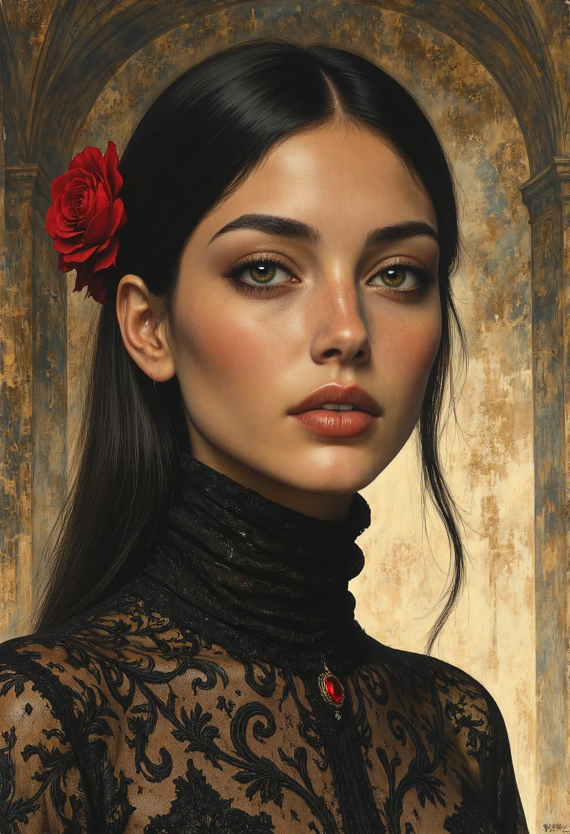 The artwork depicts an enigmatic woman illuminated by soft, dramatic light that highlights her features with captivating clarity. Her face exudes quiet confidence, with finely sculpted cheekbones, a straight nose, and slightly parted lips that contribute to her mysterious allure. Her golden-brown eyes gaze toward the viewer with an expression that is both contemplative and subtly challenging, as though guarding unspoken secrets. Her long, straight black hair cascades smoothly over her shoulders and down her back, its dark silkiness standing out against the light falling across her face. A delicate red rose tucked behind her ear provides a stark contrast to her dark hair, adding a touch of romantic symbolism to her otherwise restrained appearance. She wears a richly detailed, high-collared garment adorned with intricate lace patterns, suggesting opulence and sophistication. The ornate embroidery seems almost alive, its swirling motifs lending depth and texture to the scene. A tiny red jewel sits at the center of her collar, subtly drawing attention to her throat as a focal point. The background, though largely enveloped in darkness, reveals hints of an ancient settingâa faded mural or tapestry peeks through behind her, suggesting a historical or even gothic environment. The interplay between shadow and light further enhances the atmosphere, adding an air of mystery and timeless elegance to the composition. <lora:Mezzotint_Artstyle_for_Flux_-_by_Ethanar:0.5500000000000002> <lora:SkoolDaze_Portrait_Style-000014:0.5500000000000002> <lora:illustration20FLUX20.XsbF:0.3500000000000001> <lora:cpa.LgFo:0.3500000000000001>