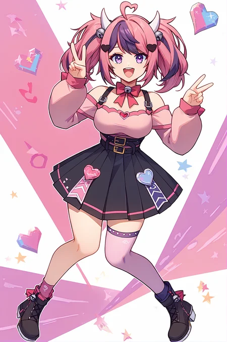 score_9,
<lora:ironmouse_v1_pruned:1>, ironmouse, full body,
pink bow, jingle bell, detached sleeves, pink crop top, black heart hair ornament, single pink thighhigh, purple sock, black boots, pleated black skirt, black belt, off-shoulder,
looking at viewer, open mouth, happy, peace sign,
high resolution, Masterpiece