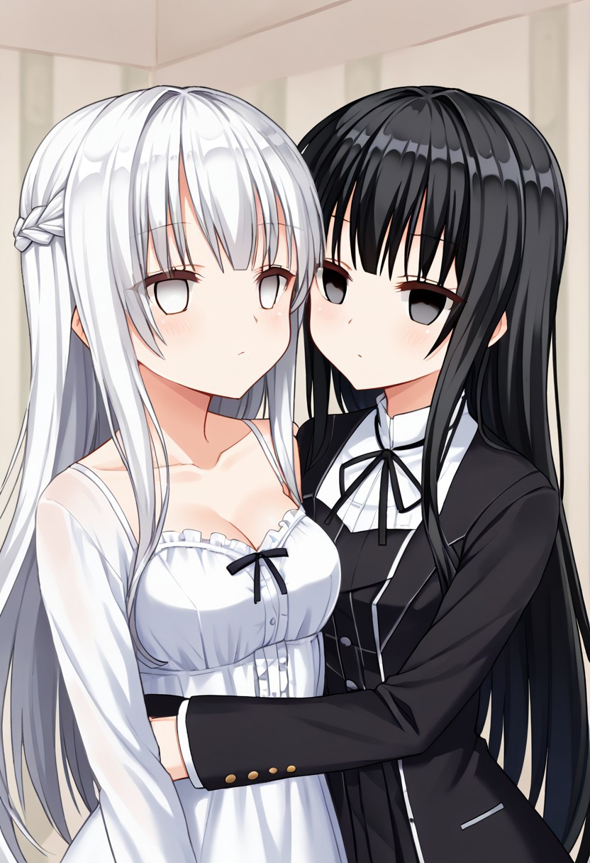 anime, two girls, close up, empty eyes, hypnotized, black eyes, white eyes, black hair, white hair, long hair, twins, dress