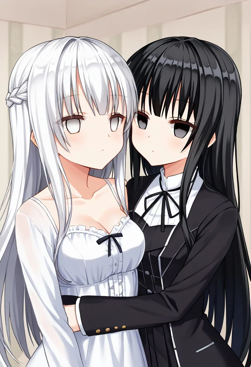 anime, two girls, close up, empty eyes, hypnotized, black eyes, white eyes, black hair, white hair, long hair, twins, dress
