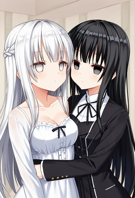 anime, two girls, close up, empty eyes, hypnotized, black eyes, white eyes, black hair, white hair, long hair, twins, dress