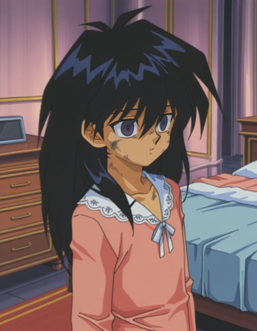 masterpiece, best quality, male focus, bedroom, (nightgown:1.2), solo,dirty, facing to the side, looking to the side, 
<lora:Mind_Controlled_Mokuba_1:0.9>, m0ku, 1boy, black hair, long hair, purple eyes, retro artsyle, 1990s (style), hair between eyes, male child, empty eyes,
