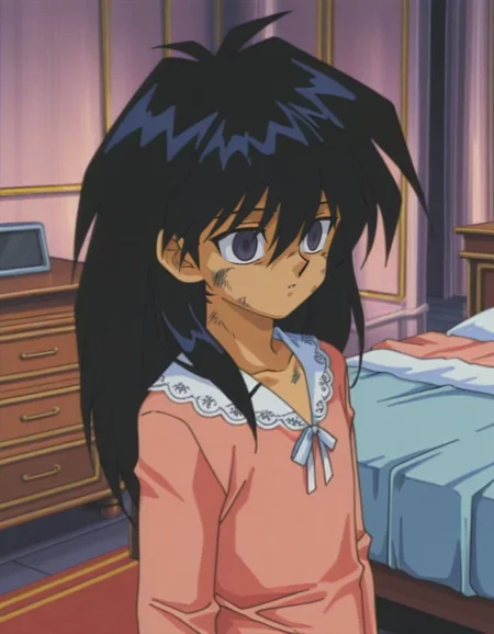 masterpiece, best quality, male focus, bedroom, (nightgown:1.2), solo,dirty, facing to the side, looking to the side,
<lora:Mind_Controlled_Mokuba_1:0.9>, m0ku, 1boy, black hair, long hair, purple eyes, retro artsyle, 1990s (style), hair between eyes, male child, empty eyes,