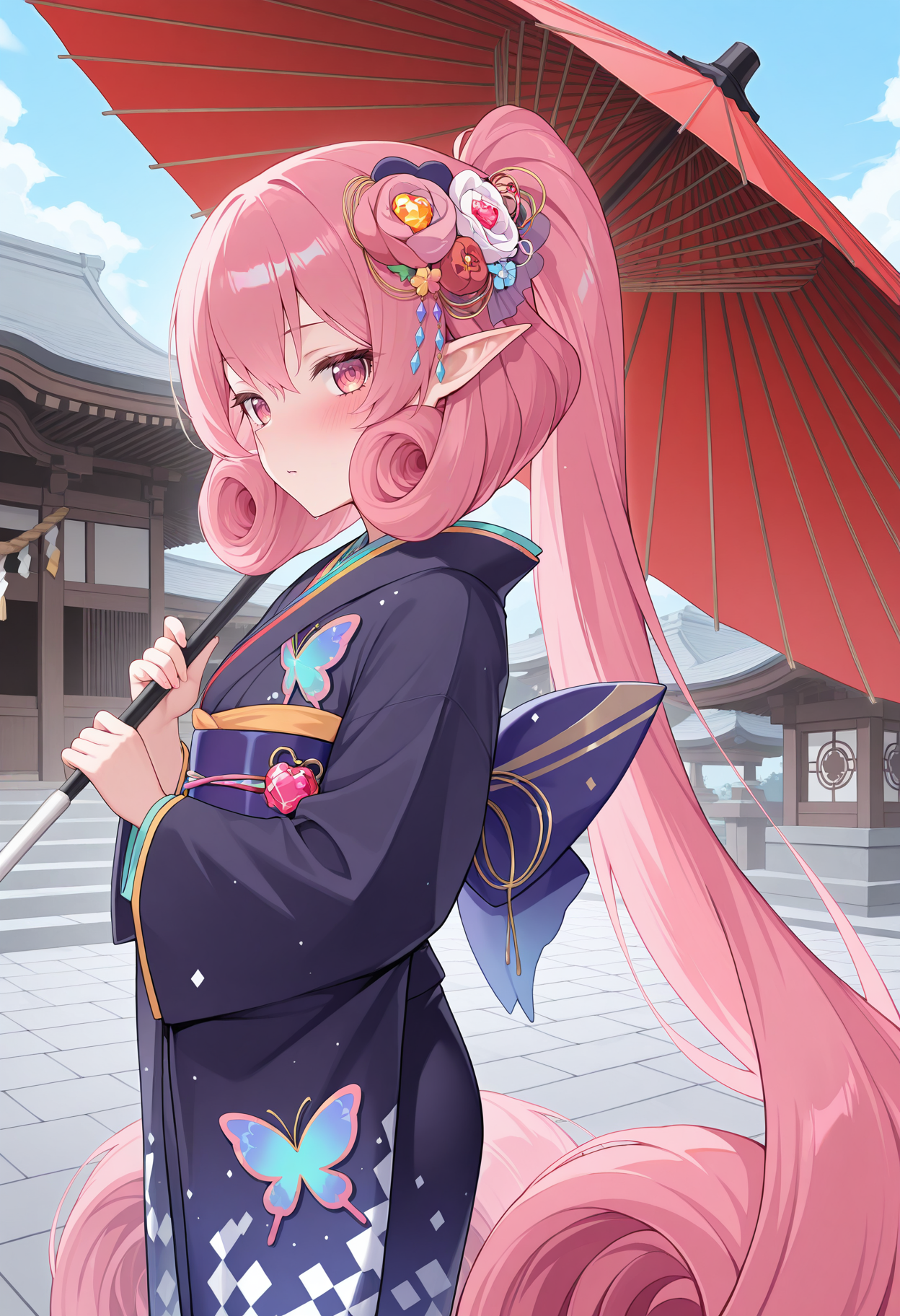pcrneneka, pink hair, pointy ears, very long hair, curly hair, pink eyes, outdoors, blue sky, new year, temple, nnknewyear, ponytail, hair flower, gem, kimono, print kimono, butterfly print, obi, sash, umbrella, holding umbrella, from side, standing, blush, looking at viewer, highres, best quality, masterpiece,
1girl, solo,
<lora:_neneka_pcr-elesico-ilxlA:1>