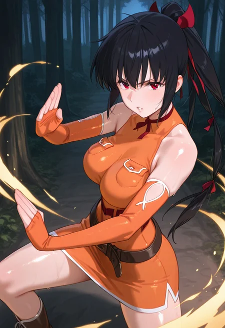masterpiece,best quality,newest,extremely detailed,highres,incredibly absurdres,absurdres, amazing quality,
shiny skin, lisa_pacifist, black hair, 1girl, solo, ponytail, twintails, long hair, breasts, black hair, brown eyes, parted lips, detached sleeves, bare shoulders,ribbon, belt, hair ribbon, elbow gloves, dress, sleeveless, orange shirt,short skirt, boots, looking at viewer, dark forest, upper body, fighting pose, karate stance, fighting stance, energy flow, serious face,
