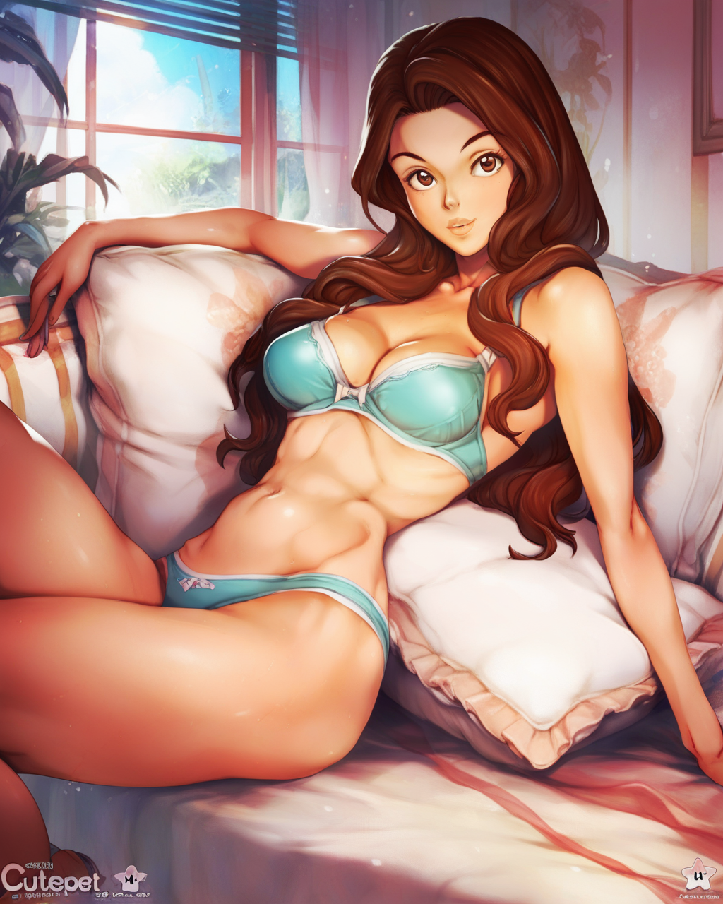 score_9, score_8_up, score_7_up, zPDXL3, BREAK, <lora:ctpt_v1t1pnyez:1> ctpt, 1girl, bra, breasts, brown eyes, brown hair, lips, long hair, looking at viewer, medium breasts, navel, panties, pillow, sitting, solo, swimsuit, underwear