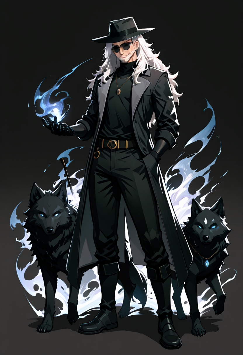 masterpiece, best quality,   zzShadowMagic, long hair, looking at viewer, blue eyes, simple background, shirt, gloves, 1boy, hat, jewelry, standing, full body, white hair, male focus, boots, open clothes, black gloves, belt, pants, grey background, necklace, coat, black headwear, black pants, sunglasses, dog, hand in pocket, open coat, black coat, wolf, trench coat, solo, smile, holding, closed mouth, shoes, gradient, black shirt, gradient background, facial hair, animal, pendant, smoke, long coat, cane, grey coat   ,<lora:ShadowMagic_NAI:1.0>,