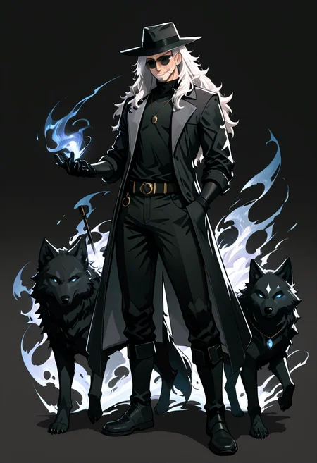 masterpiece, best quality,   zzShadowMagic, long hair, looking at viewer, blue eyes, simple background, shirt, gloves, 1boy, hat, jewelry, standing, full body, white hair, male focus, boots, open clothes, black gloves, belt, pants, grey background, necklace, coat, black headwear, black pants, sunglasses, dog, hand in pocket, open coat, black coat, wolf, trench coat, solo, smile, holding, closed mouth, shoes, gradient, black shirt, gradient background, facial hair, animal, pendant, smoke, long coat, cane, grey coat   ,<lora:ShadowMagic_NAI:1.0>,