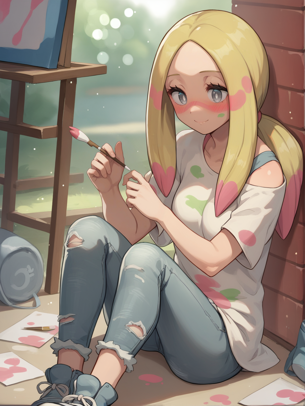 score_9,score_8_up,score_7_up,score_6_up,rating_explicit,source_anime BREAK
1girl, mina (pokemon), blonde hair, long hair, facepaint, multicolored_hair, grey eyes, eyelashes, parted bangs, medium breasts, white pupils, low ponytail, sidelocks
denim, pants, torn pants,  blush, oversized shirt, paint, bodypaint, sitting,
smile, bokeh, light particles
indoors,
<lora:mina_v1_0:0.8>